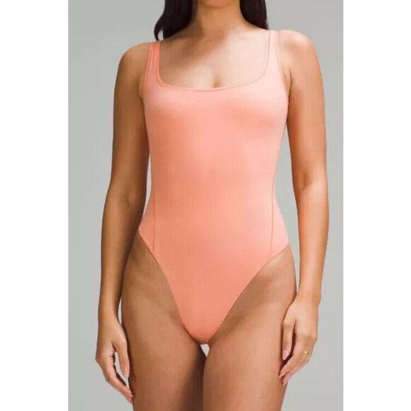 Lululemon Women's Sz M Peach Wundermost Nulu Square Neck Sleeveless Bodysuit - Picture 9 of 10